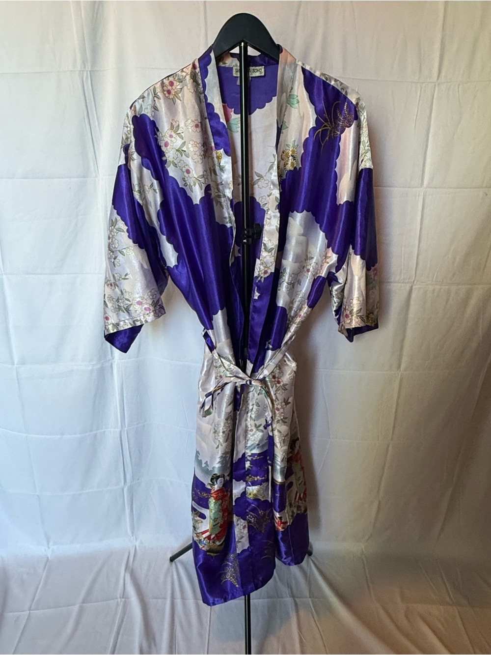 Shanghai SoHo Purple Floral Geisha Satin Kimono Robe